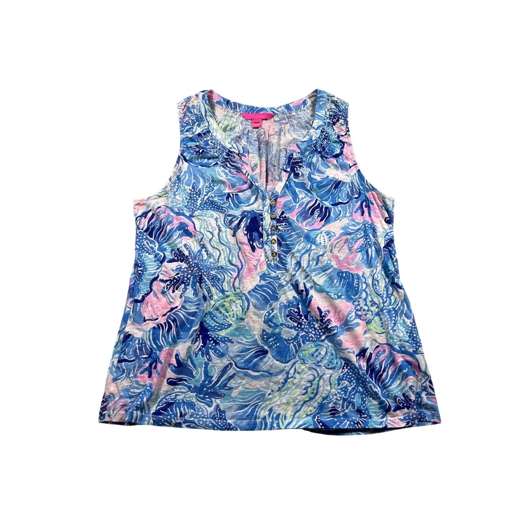 Lilly Pulitzer Sleeveless Popover Tank Top Blue Pink Floral Print Size XL